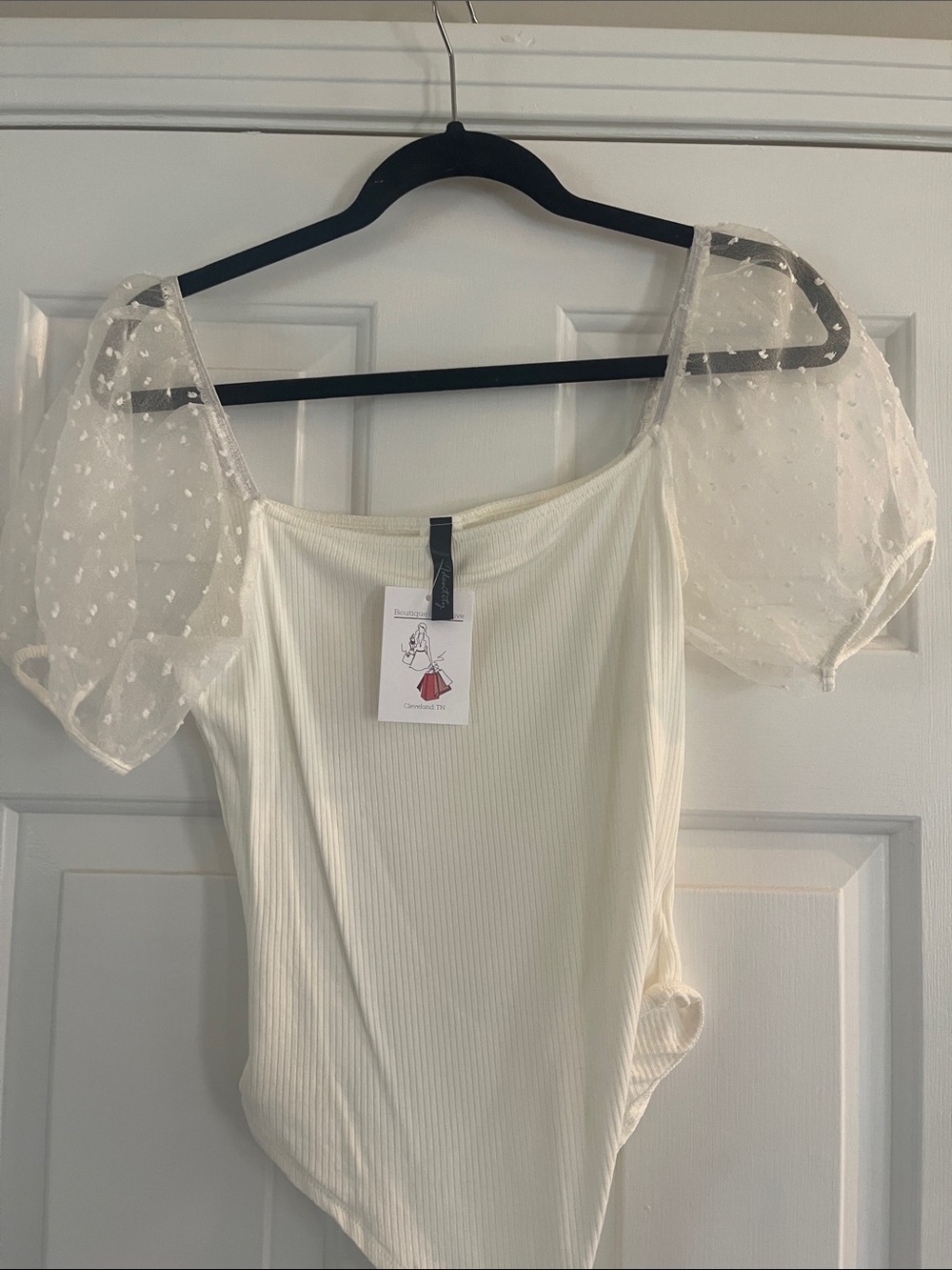 Sheer Puff Sleeve Ivory Ribbed Bodysuit